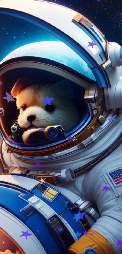 Adorable puppy in astronaut suit exploring space against a galaxy backdrop.