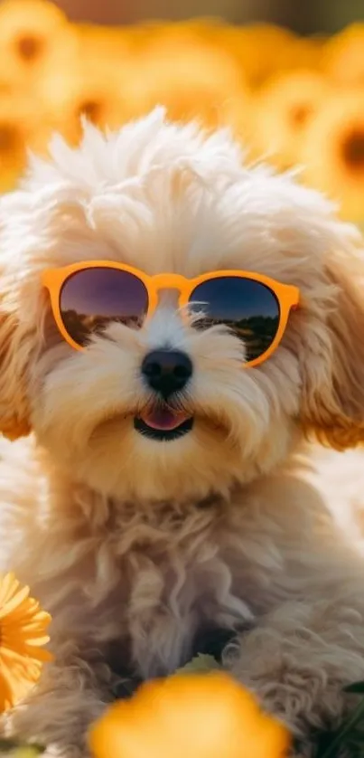 Puppy wearing sunglasses in a field of yellow flowers.