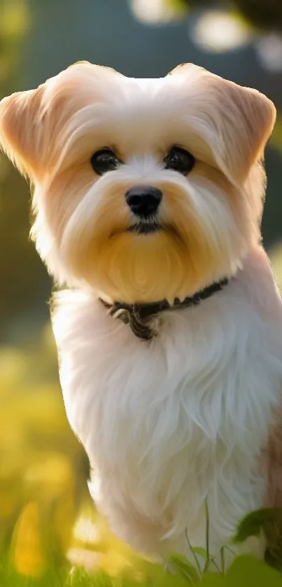 Adorable fluffy puppy posed in vibrant sunlight setting.