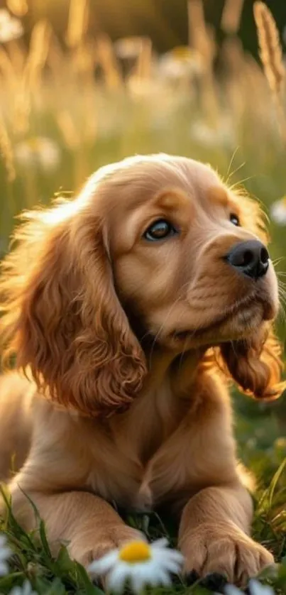Adorable puppy lying in a meadow with daisies.
