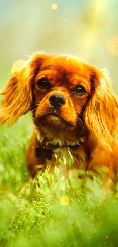 Cute brown puppy lying in sunlit green field with bokeh lights.