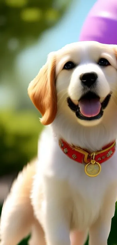 Adorable puppy smiling in a vibrant garden.