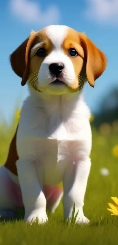 Adorable puppy in a sunny green field with flowers.