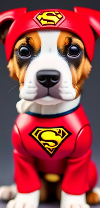 Adorable puppy in a bright red superhero costume with yellow accents.