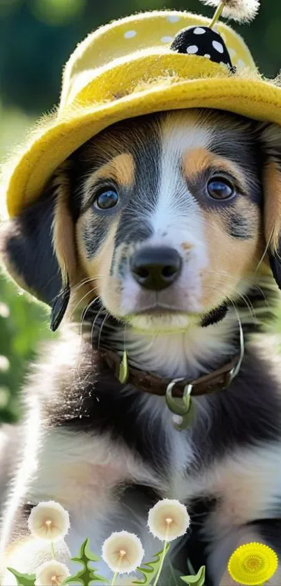 Adorable puppy wearing a yellow hat surrounded by dandelions.