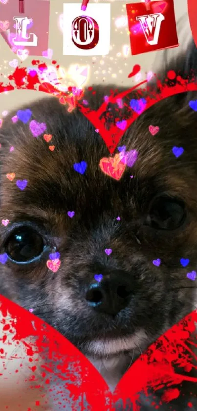 Cute puppy with love-themed heart background.