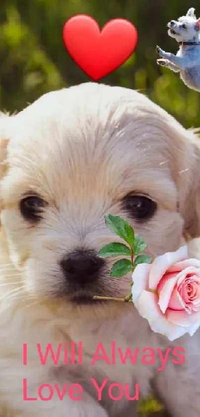 Cute puppy with heart and flower in a garden setting.