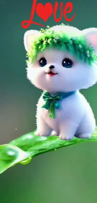 Adorable white puppy with floral crown on a green leaf.