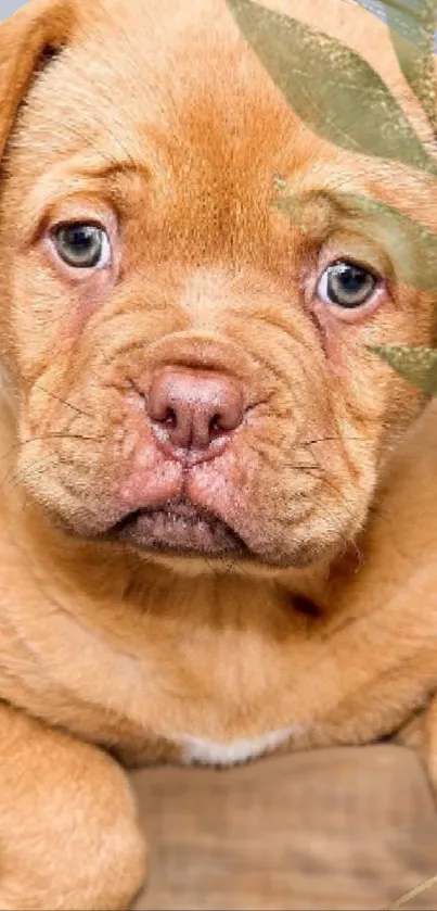 Adorable brown puppy with blue eyes on a mobile wallpaper.