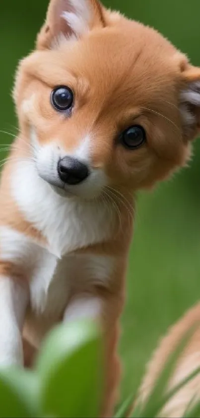 Adorable puppy in a lush green setting, looking curiously.