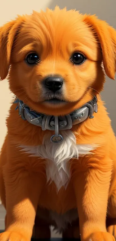 Adorable orange puppy with cute eyes and a collar in a mobile wallpaper.