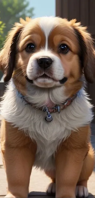 Adorable brown and white puppy sitting outdoors.