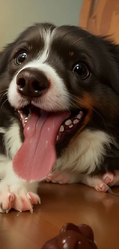 Adorable puppy with playful expression and pink tongue on a cozy surface.