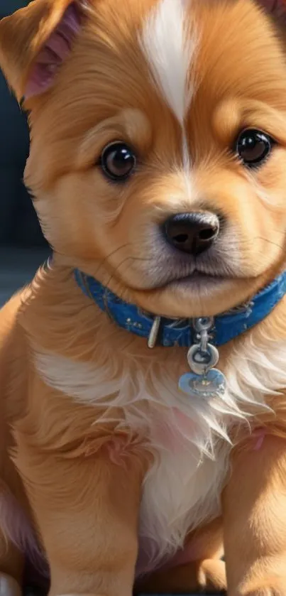 Adorable puppy with blue collar sitting on a wooden floor.