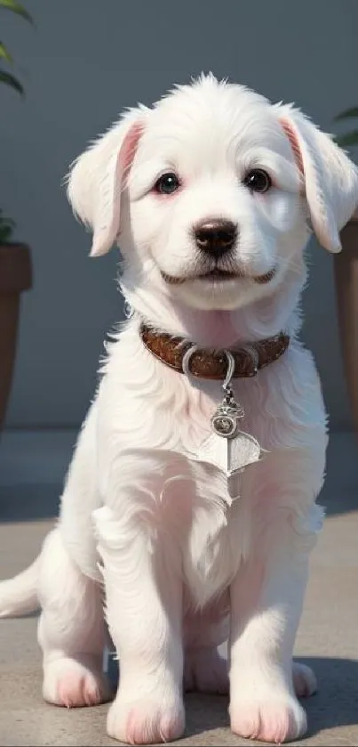 Charming white puppy sitting indoors, perfect for phone wallpaper.