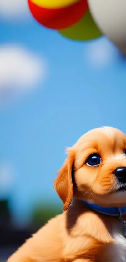 Adorable puppy with balloons under a blue sky.