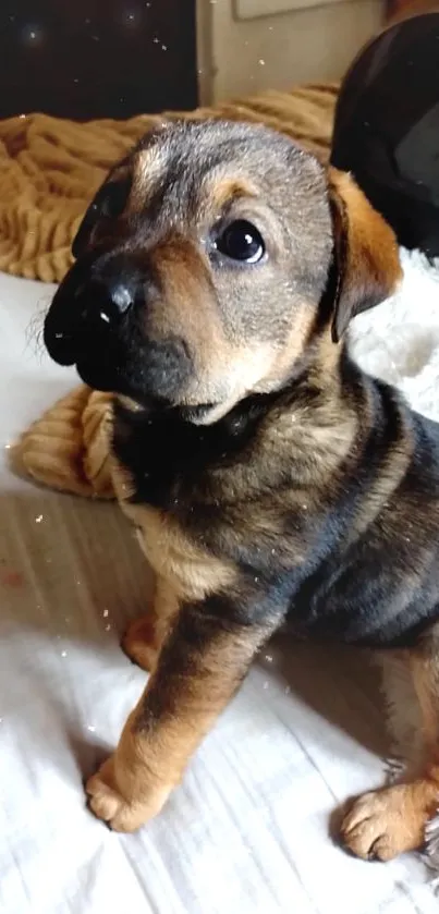 Adorable brown and black puppy sitting on a bed.