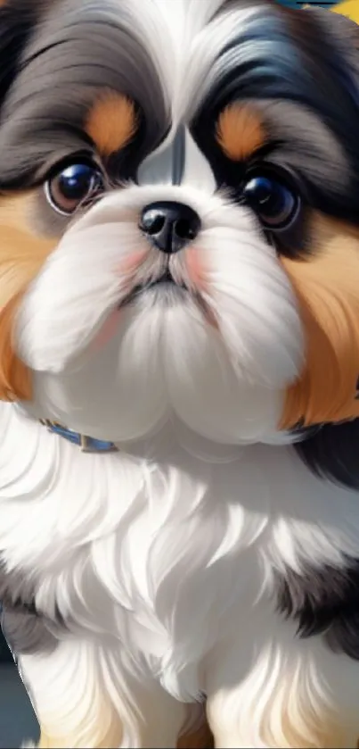 Adorable fluffy puppy with big eyes, perfect for mobile wallpaper.