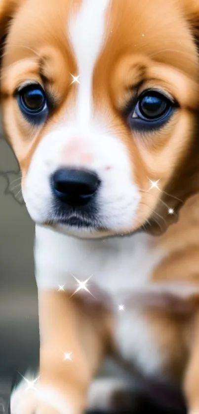 Adorable brown puppy with sparkling eyes on mobile wallpaper.