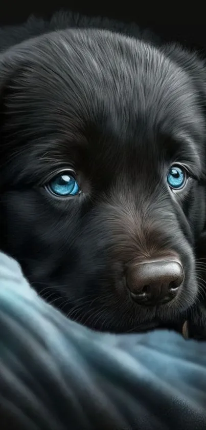 Adorable black puppy with blue eyes on a cozy blanket.