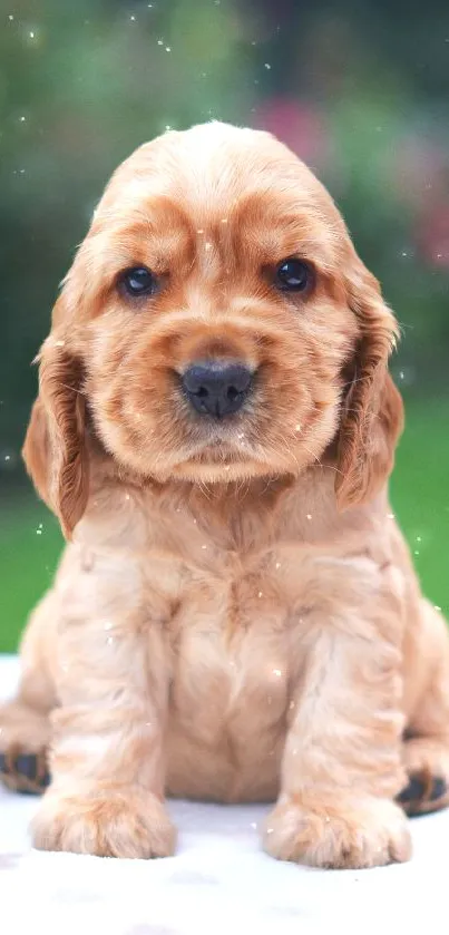 Adorable caramel-colored puppy sitting on a soft surface, perfect for a mobile wallpaper.