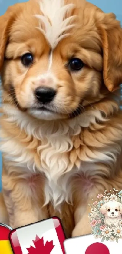 Adorable fluffy puppy with blue background.