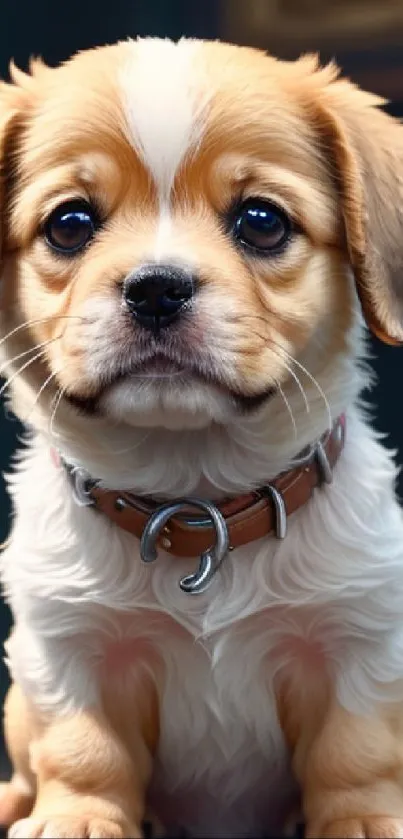 Adorable brown and white puppy sitting indoors.