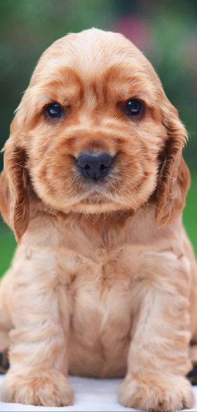 Adorable tan puppy sitting outdoors, looking cute and sweet.