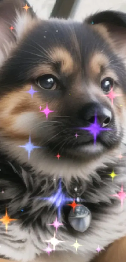 Adorable fluffy puppy relaxing indoors with a gentle gaze and a soft background.