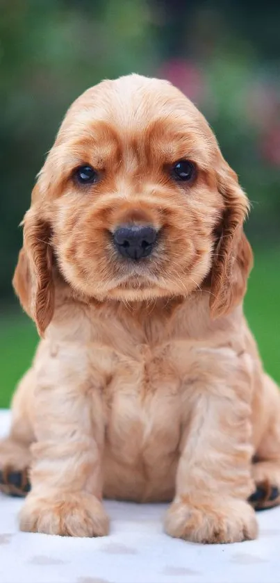 Cocker Spaniel puppy sitting on a soft surface.