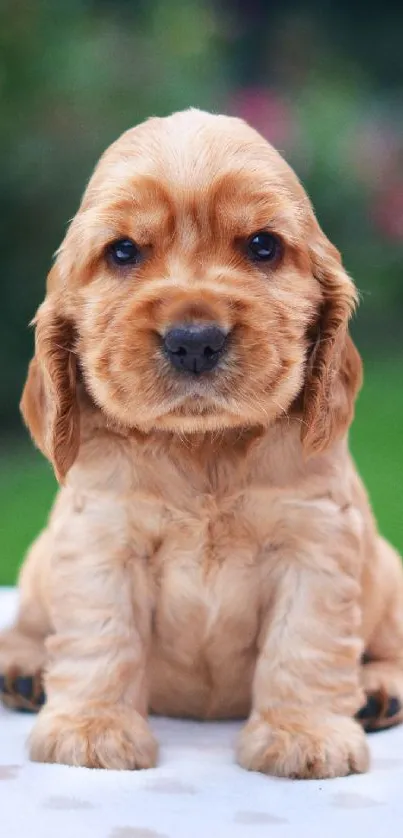 Adorable golden puppy sitting on a table with a lush green background.