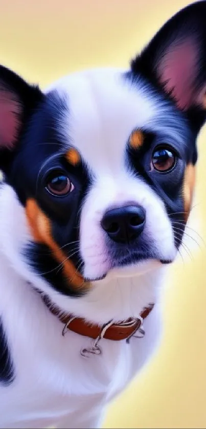 Adorable black and white puppy with a soft yellow background.