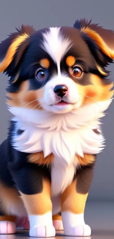 Adorable animated puppy with fluffy fur on a mobile wallpaper.