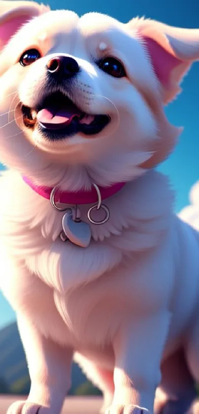 Cute, fluffy puppy with a pink collar against a sky blue background.