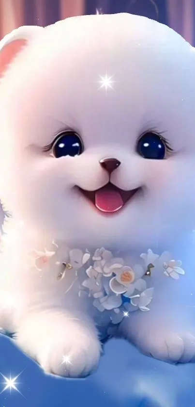 Cute fluffy white puppy with sparkling eyes on wallpaper.