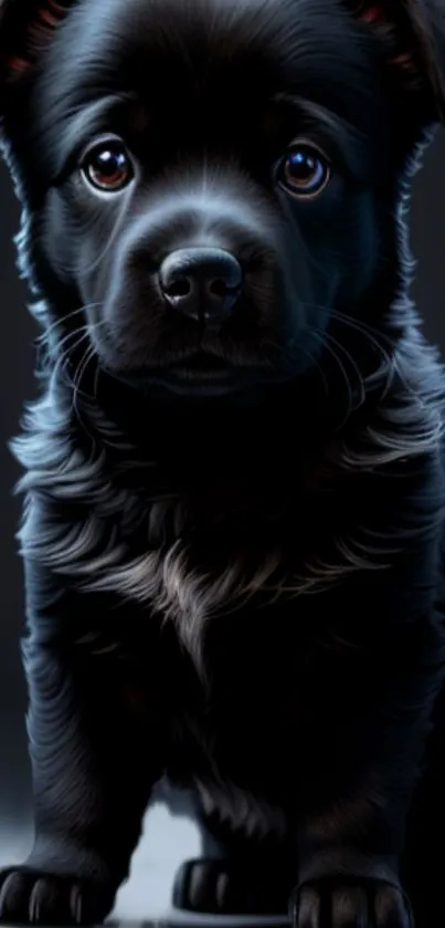 Adorable black puppy with fluffy fur and bright eyes on a dark background.