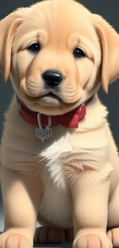 Adorable Labrador puppy with red collar.