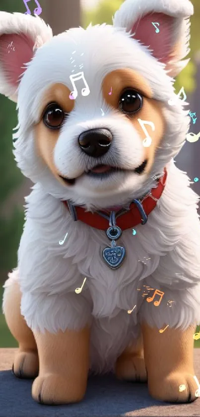 Adorable fluffy puppy with red collar sitting on a ledge.