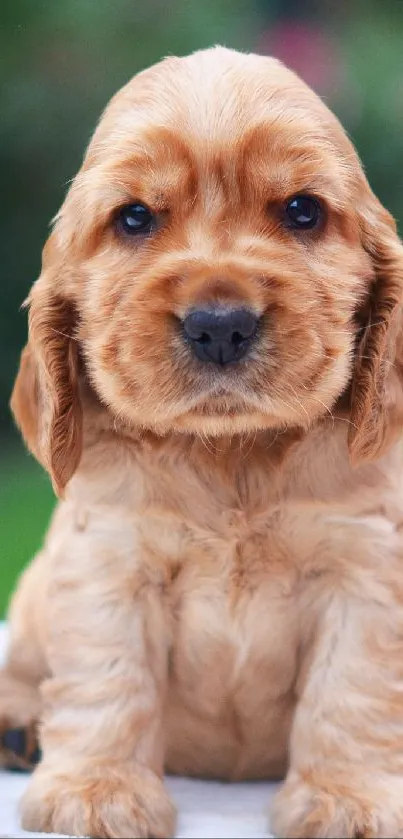 Adorable golden-brown cocker spaniel puppy on a mobile wallpaper.