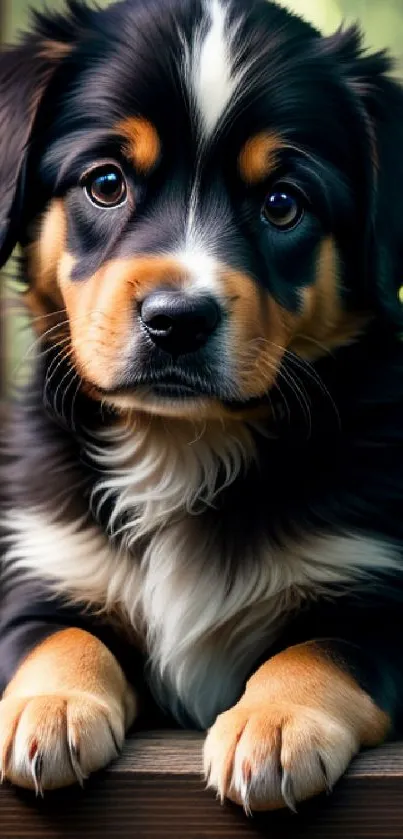 Adorable black and brown puppy peeking over wooden ledge.