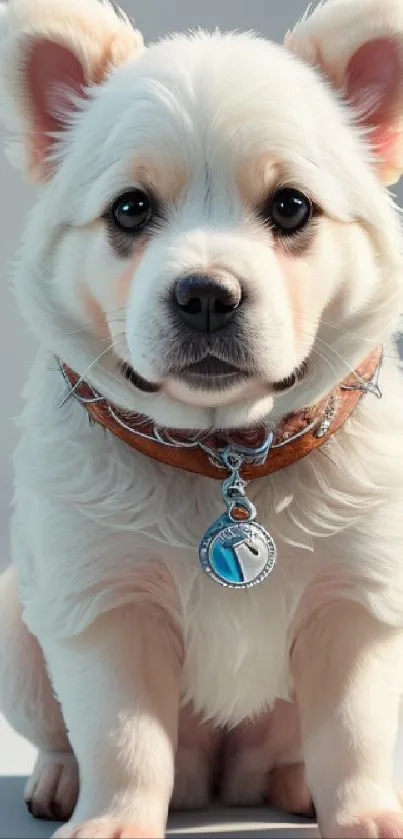 Adorable white puppy with leather collar sitting.