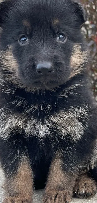 Cute German Shepherd puppy sitting outdoors.