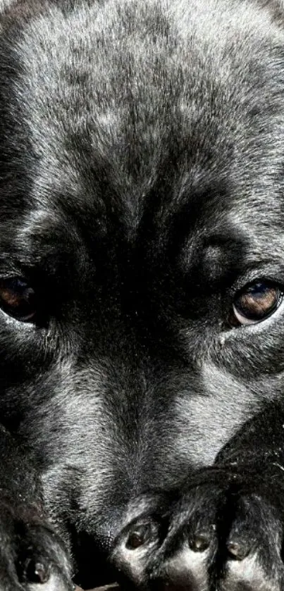 Adorable black puppy with soulful eyes, resting.