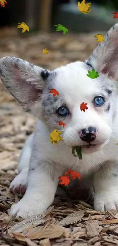 Cute puppy with blue eyes and fluffy ears on woodchip background.