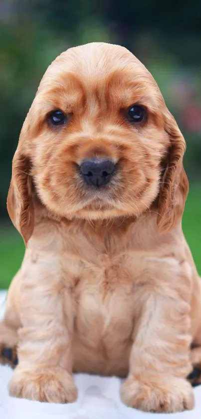 Adorable light brown cocker spaniel puppy posing outdoors.