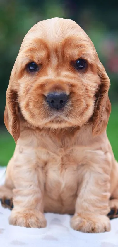 Adorable golden-brown puppy sitting on soft background.