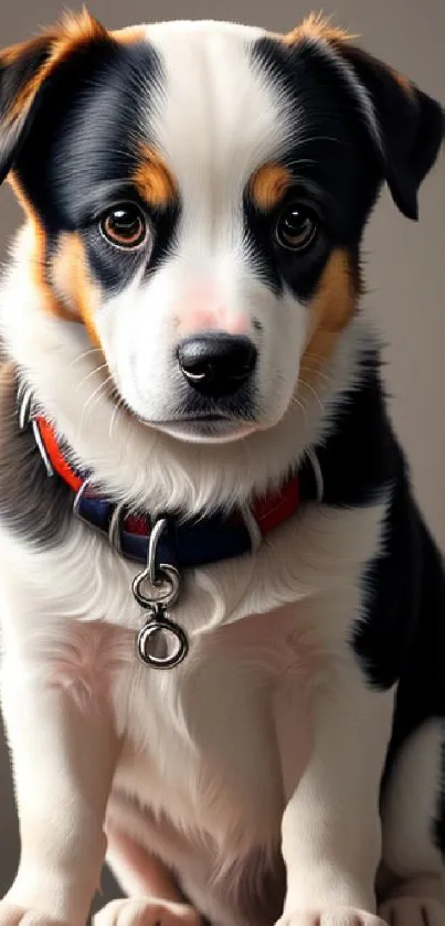 Adorable black and white puppy with a red collar sitting on a wooden surface.