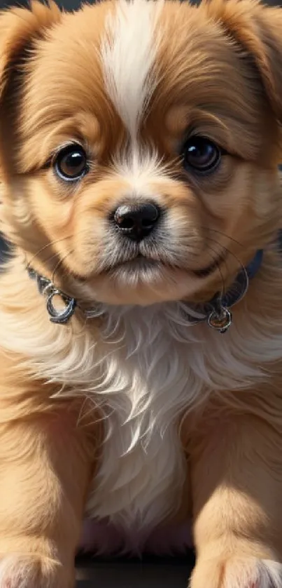 Adorable brown and white puppy sitting looking at the camera.