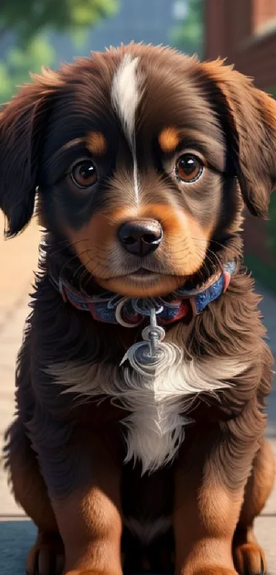 Adorable brown puppy with soulful eyes sitting outdoors.