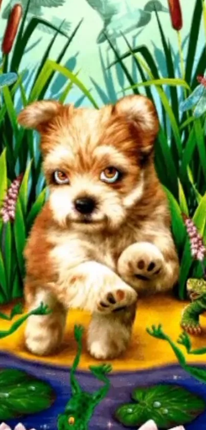 Cute puppy in nature setting with frogs, dragonflies, and lush greenery.